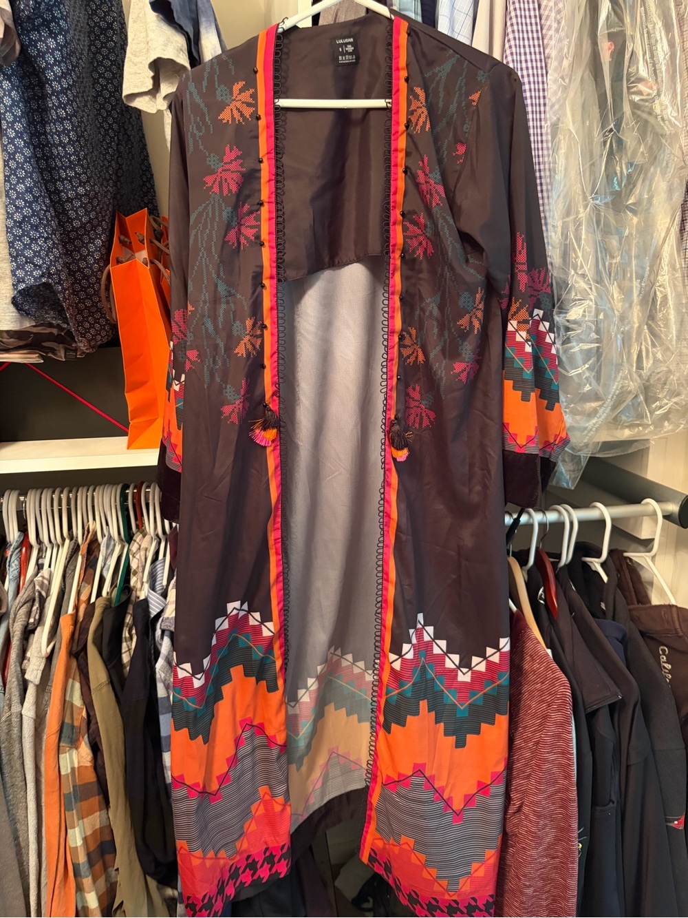 Boho Embroidered Open Front Duster Jacket - Black with Orange & Pink